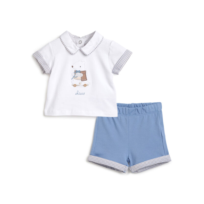 Boys Medium Light Blue Applique Outfit with Short Pants image number 0